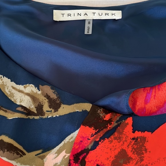 Trina Turk Red Blue Puff Sleeve Floral Silk Dress - Picture 5 of 6